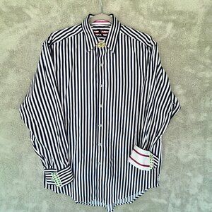 Robert Graham L Shirt Mens Large Navy Blue Striped Pink Flip Cuff Green Trim 100